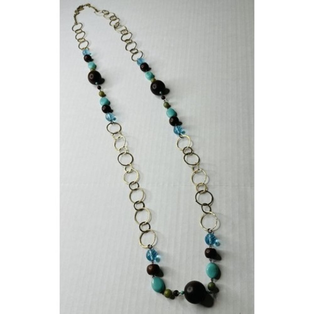 Yochi NY Necklace Wood & Glass Beads Gold Loops Vintage Bohemian Boho Beautiful